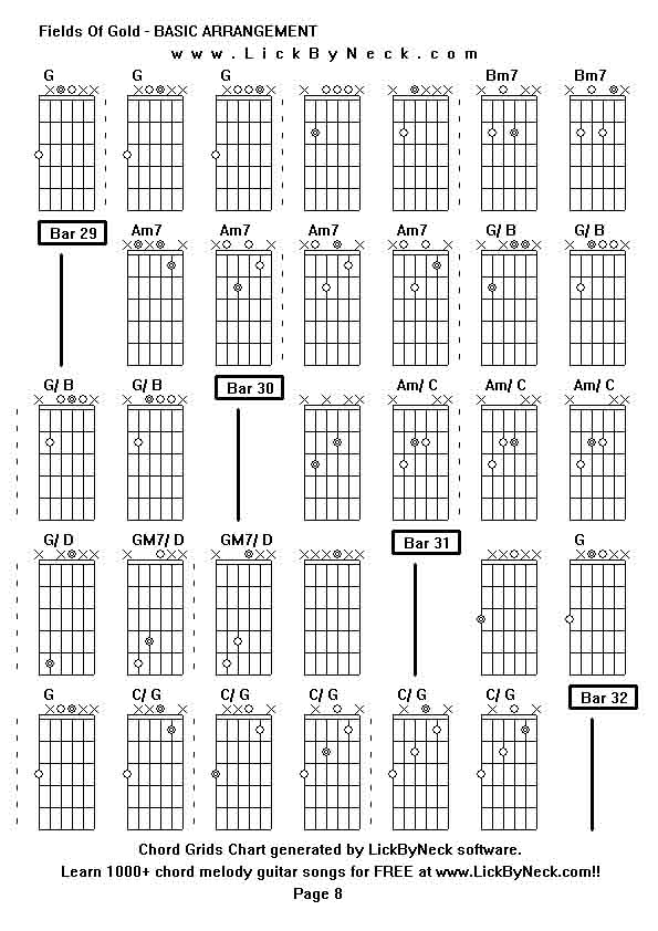 Chord Grids Chart of chord melody fingerstyle guitar song-Fields Of Gold - BASIC ARRANGEMENT,generated by LickByNeck software.